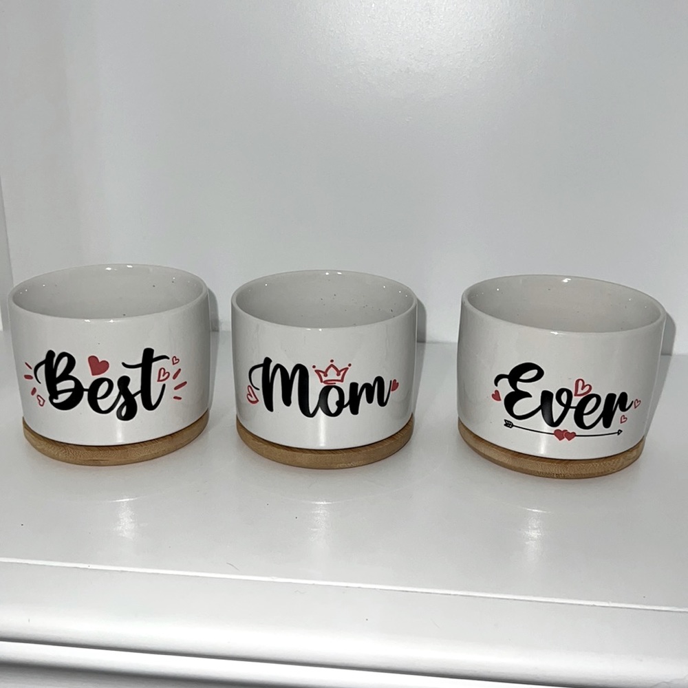 NIB 6 piece ceramic “Best Mom Ever” herb plant pots bamboo coasters